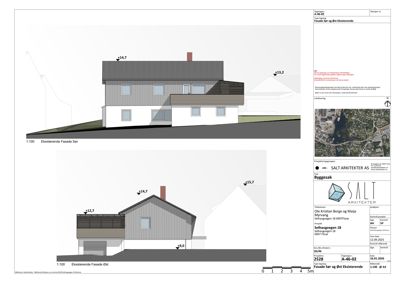 Fasadetegning som viser eksisterende fasade sett fra sør og øst.