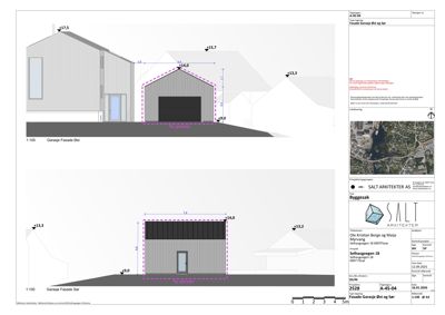 Fasadetegning som viser front- og sidesiden av en ny garasje med mål og detaljer.