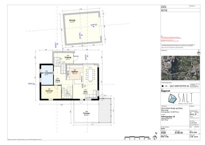 Etasjeplan (Plan 1 Ny) som viser romfordeling, mål og snitt for en bolig med garasje.
