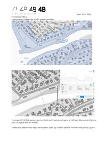 Situasjonsplan som viser eiendomsområde, nabolag, vannløp og terrengprofil for et garasjetiltak.