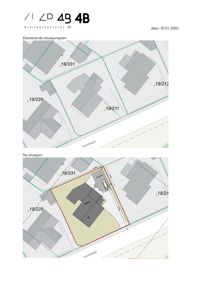 Bildet viser to situasjonsplaner: øverst eksisterende situasjon og nederst ny situasjon med planlagt bygning og tomtegrenser.