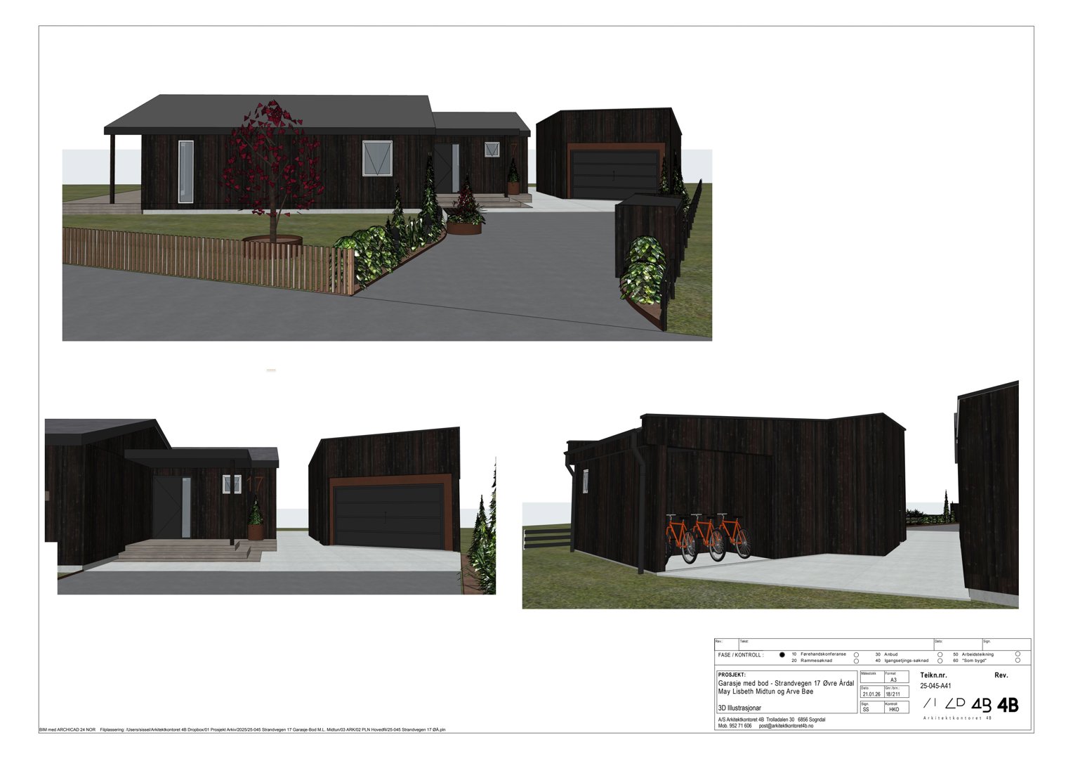 3D-visualisering av et hus med garasje, inkludert detaljer som hekk, trær, sykler og fasadebehandling.