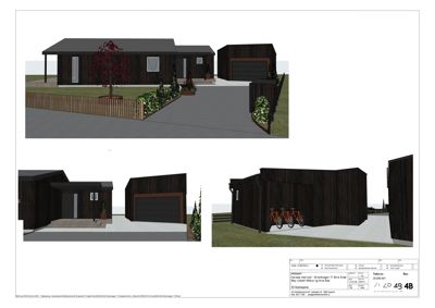 3D-visualisering av et hus med garasje, inkludert detaljer som hekk, trær, sykler og fasadebehandling.