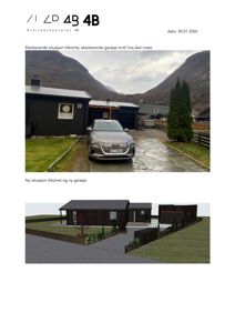 Bildet viser en side fra en byggesak som inneholder to bilder: øverst et fotografi av eksisterende situasjon (hus, garasje, bil, gate) og nederst en 3D-visualisering av den planlagte situasjonen.