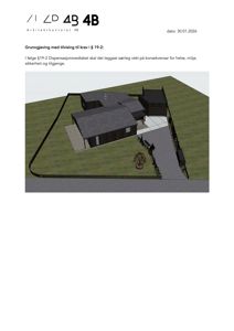 Fotografi av en 3D-modell av en planlagt bygning sett fra et vinklet utsyn, inkludert omgivelser som gress, vei og hekk.