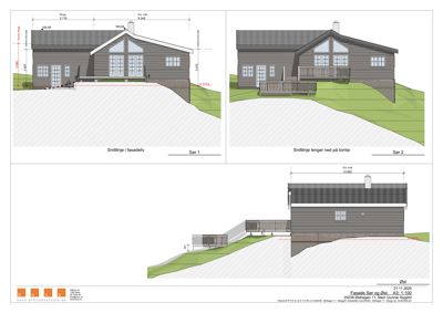 Bildet viser fasadetegninger for en hytte, inkludert snittlinjer og mål.