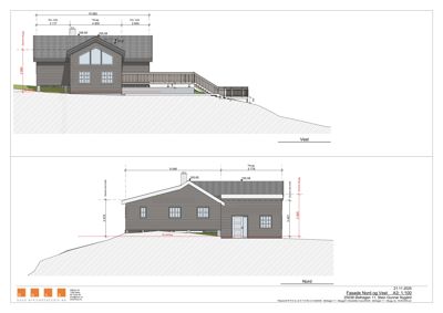 Fasadetegning som viser bygningens utseende sett fra vest og nord med mål og detaljer.