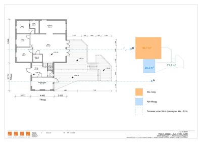 Etasjeplan (Plan 1. etasje) som viser romfordeling, mål og tilleggsbygninger.
