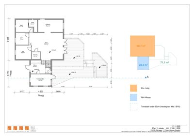 Etasjeplan som viser romfordeling, mål og areal for en bolig.
