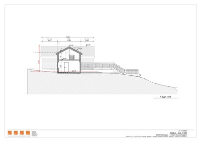 Snittegning (A Bygn. snitt) som viser tverrsnittet av en bygning med høyde- og breddeangivelser.