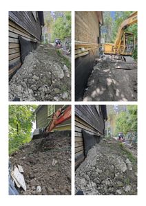 Fotografier av en byggeplass som viser utgravning langs siden av en trehusfasade.
