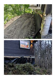 Fotografier av en bygning under oppføring eller vedlikehold, som viser fundamentet, graving og fasade.