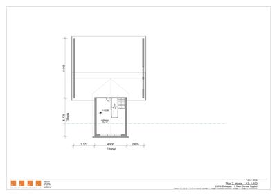 Etasjeplan (Plan 2. etasje) som viser romfordeling, mål og en tilbygg.