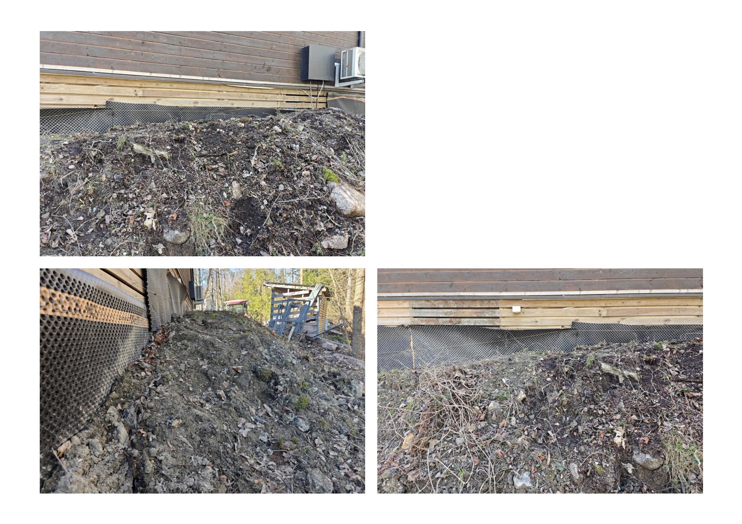 Fotografier av bygningens fundament og grunnmur, som viser jordforholdene under huset.