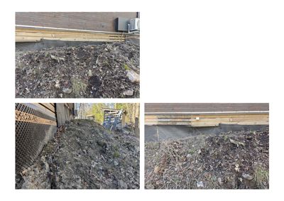 Fotografier av bygningens fundament og grunnmur, som viser jordforholdene under huset.