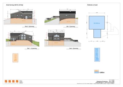 Bildet viser fasadetekniske tegninger som viser huset sett fra fire sider (Nord, Øst, Sør, Vest) med målinger av terreng og areal.