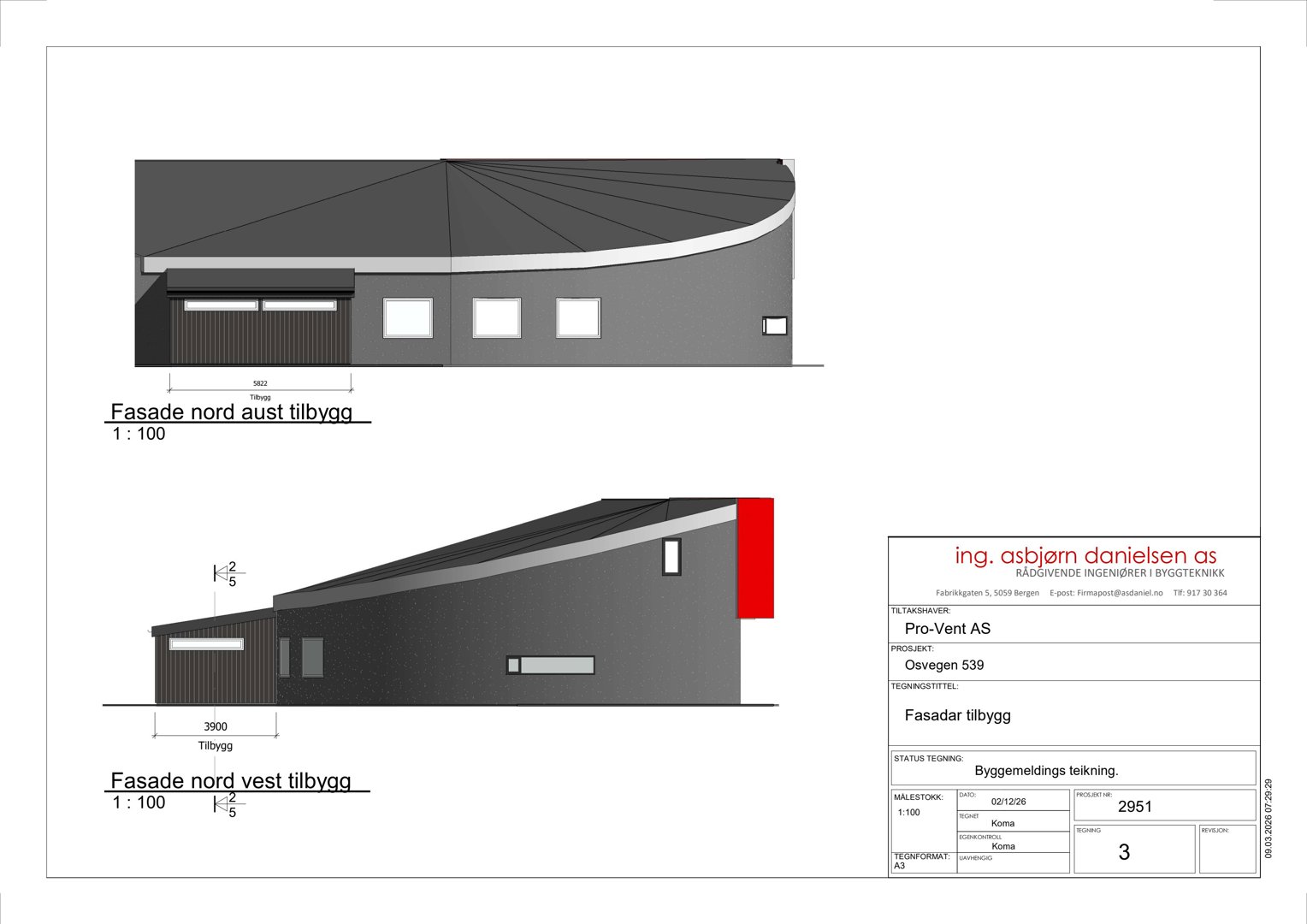 Fasadetegning som viser oppriss av bygningens nordvest- og nordaustside med mål og detaljer.