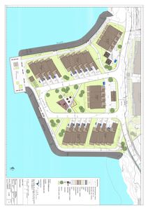 Situasjonsplan som viser plassering av bygninger, veier, vann og vegetasjon på tomta.