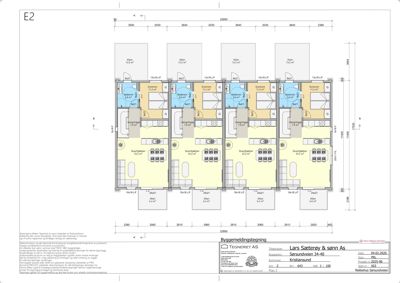 Etasjeplan (E2) som viser romfordeling, arealer og funksjoner for fire leiligheter.