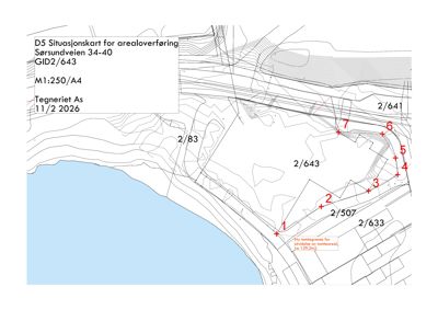 Situasjonskart som viser tomtens beliggenhet, grenser, høydeforhold (konturlinjer) og nabolag.