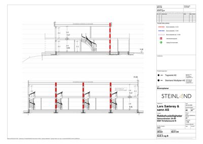 Snittegning som viser tverrsnitt gjennom en branntrapp med trinn, landinger og konstruksjonsdetaljer.