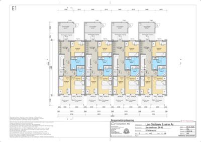 Etasjeplan (E1) som viser romfordeling, mål og areal for en rekke leiligheter.