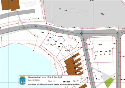 Situasjonskart som viser eiendomsinndeling (gnr. 2 bnr. 643), vegforhold, høydeforhold og naboeiendommer.