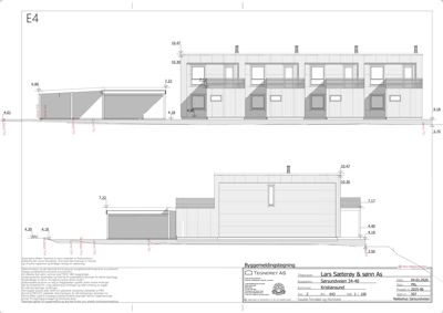 Fasadetegning som viser oppriss av bygningene sett fra nordvest og nordøst, med høydemål og detaljer om tak og fasadeoverflater.