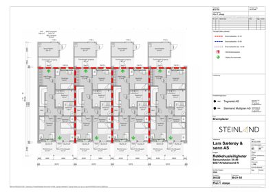 Etasjeplan (1. etasje) som viser romfordeling, arealer og funksjoner for en rekkehusleilighet.