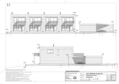 Fasadetegning som viser bygningens utseende fra front og side, med mål og detaljer.