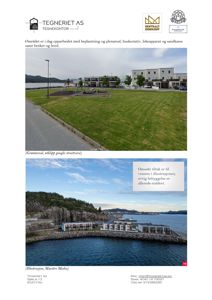 Bildet viser to bilder: øverst et fotografi av et eksisterende grøntområde med lekeapparat, og nederst en 3D-visualisering (rendering) av en planlagt bygning ved kysten.