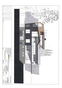 Fasadetegning som viser bygningens utside, inkludert materialvalg (stein, tre, glass), vindusoppsett og takform.