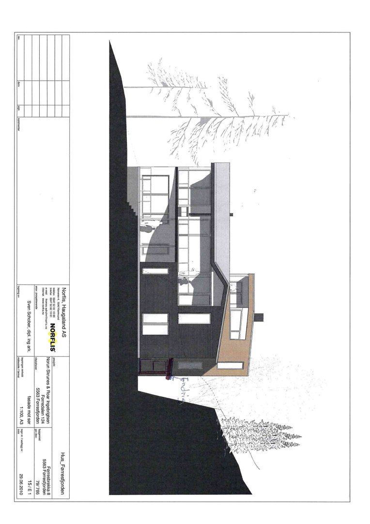 3D-visualisering (rendering) av en husfasade sett fra siden, med detaljer om vinduer, tak og terreng.