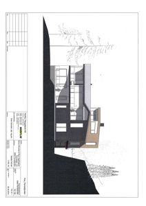 3D-visualisering (rendering) av en husfasade sett fra siden, med detaljer om vinduer, tak og terreng.