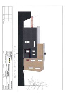 Fasadetegning som viser bygningens utseende fra siden, inkludert vinduer, tak og fasadefarger.
