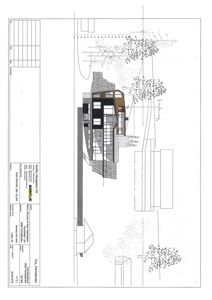 Fasadetegning som viser bygningens utseende fra en bestemt vinkel, inkludert materialer og omgivende terreng.