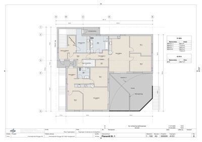 Etasjeplan (1. etasje) som viser romfordeling, dører, vinduer og arealoppdeling for et hus.