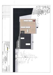 Fasadetegning som viser bygningens utseende fra en bestemt vinkel, inkludert vinduer, materialer og omgivende landskap.