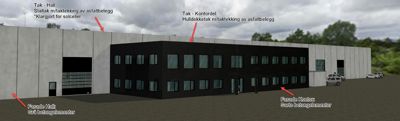 3D-visualisering av en bygning med fasadebeskrivelser (f.eks. betongelementer) og takbeskrivelser (f.eks. asfaltbelegg).