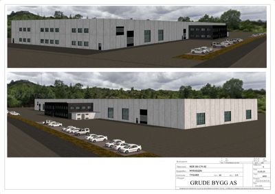 3D-visualisering (rendering) av en planlagt industribygning sett fra to ulike vinkler, inkludert parkeringsområde og omgivende natur.