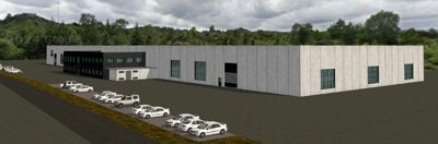 3D-visualisering av en planlagt industribygning eller lagerhall med parkeringsplass og omgivende natur.