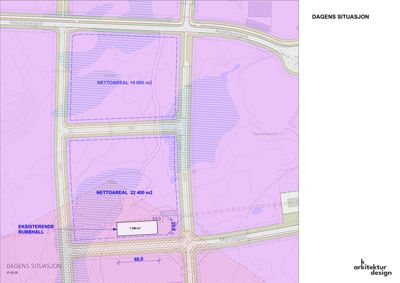 Situasjonsplan som viser dagens situasjon med eksisterende bygninger, arealer og vegnett.