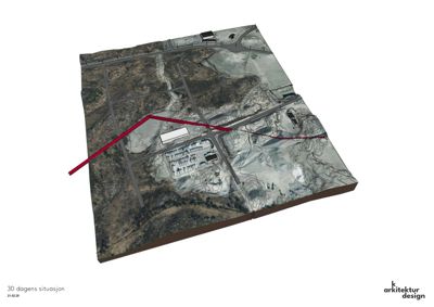 3D-situasjonsplan som viser dagens terrengform, vegnett og eksisterende bygninger på tomta.