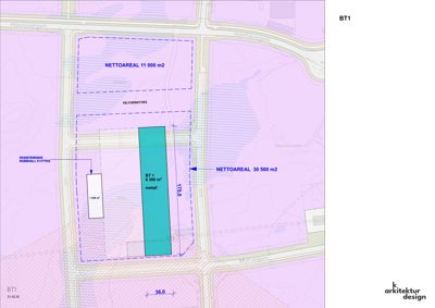 Situasjonsplan som viser tomtens grenser, veiforhold, eksisterende bygg og planlagt arealutvikling.