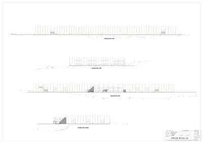 Fasadetegning som viser bygningens profil sett fra fire sider (vest, sør, øst, nord).