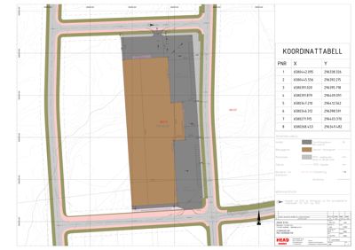 Situasjonsplan som viser bygningens plassering i forhold til veier og naboeiendommer, med koordinattabell og fargekoding for ulike arealer.