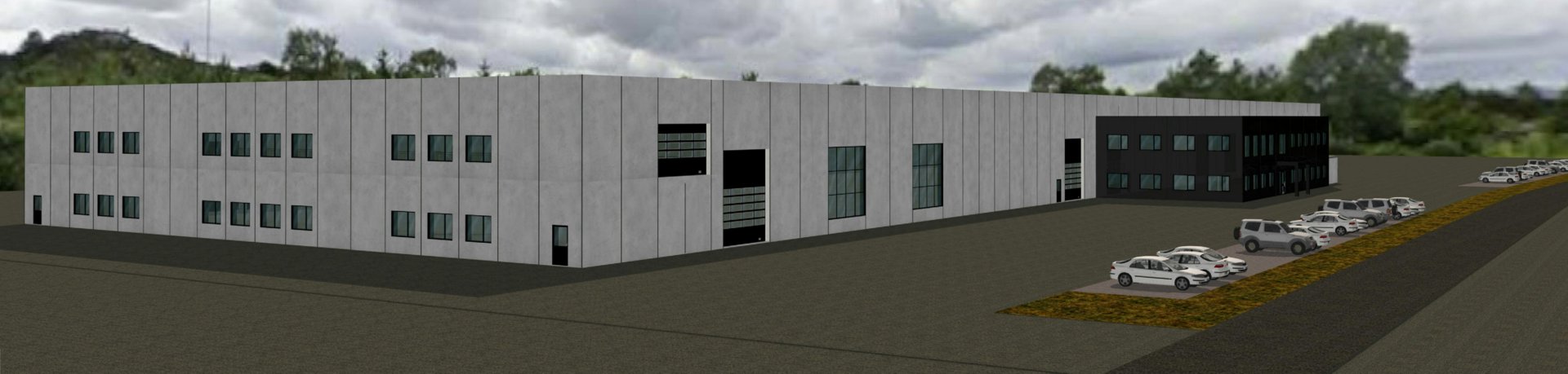 3D-visualisering av en planlagt industribygning med parkeringsplass og omgivende natur.