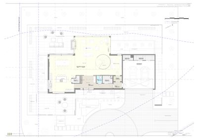 Etasjeplan som viser romfordeling, møblering og inngang til en bolig.