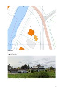 Fotografi av en eksisterende bolig med garasje sett fra øst, samt en situasjonsplan over tomten.
