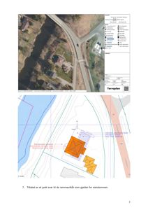 Bildet viser en situasjonsplan med en flyfoto-overlappning (top) og en tegnet situasjonsplan (bunn) som viser eiendomsgrenser, eksisterende og planlagt bebyggelse i forhold til veier og vassdrag.